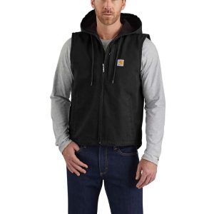 Carhartt: Relaxed Fit Washed Duck Fleece-Lined Hooded Vest (Black)