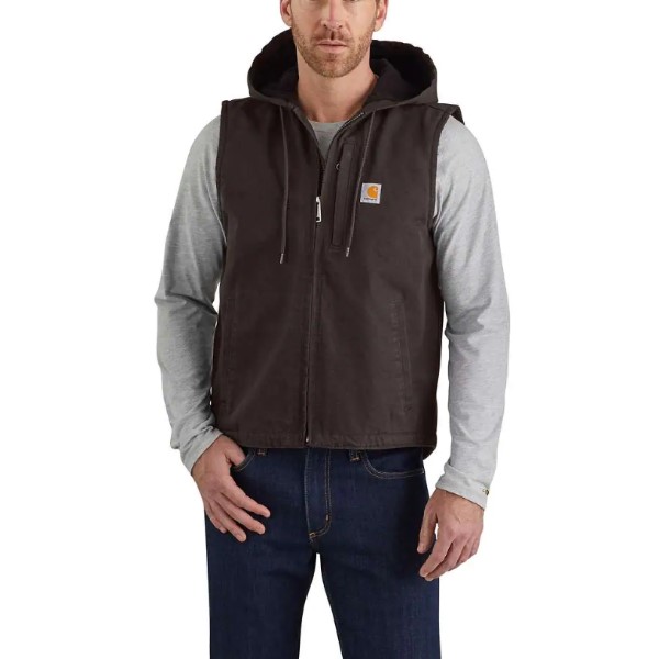 Carhartt: Relaxed Fit Washed Duck Fleece-Lined Hooded Vest (Dark Brown)